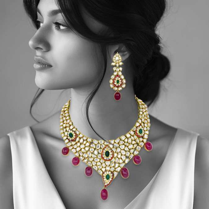 Polki Necklace Set with Emerald and Ruby Cabochons